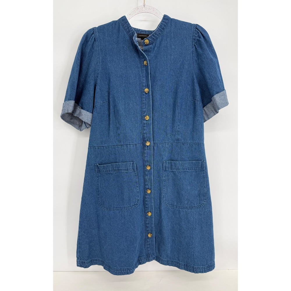 Who What Wear Blue Denim Button Front Puff Sleeve Mini Dress Sz L Cotton